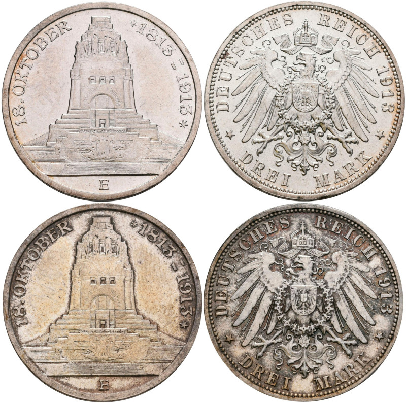 Sachsen: Friedrich August III. 1904-1918: 2 x 3 Mark 1913 E, Völkerschlachtdenkm...