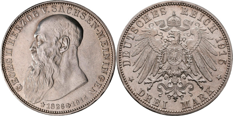 Sachsen-Meiningen: Georg II. 1866-1914: 3 Mark 1915, auf seinen Tod, unten Leben...