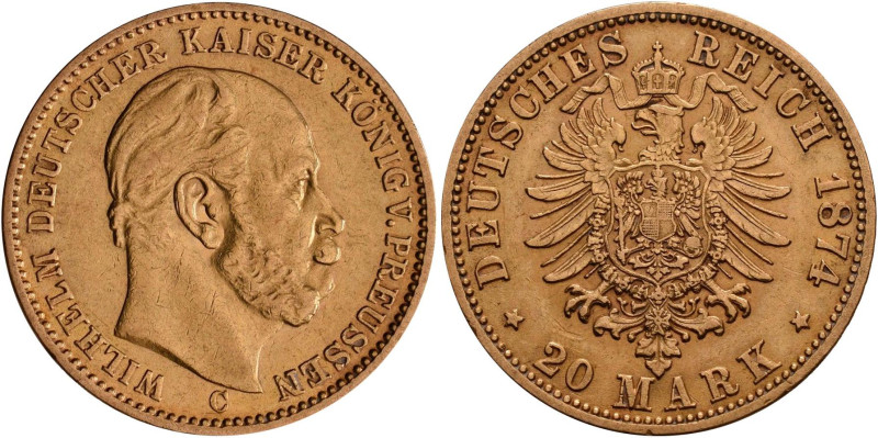 Preußen: Wilhelm I. 1861-1888: 20 Mark 1874 C, Jaeger 246. 7,91 g, 900/1000 Gold...