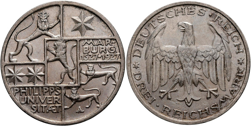 Weimarer Republik: 3 Reichsmark 1927 A, Universität Marburg, Jaeger 330. Winzige...