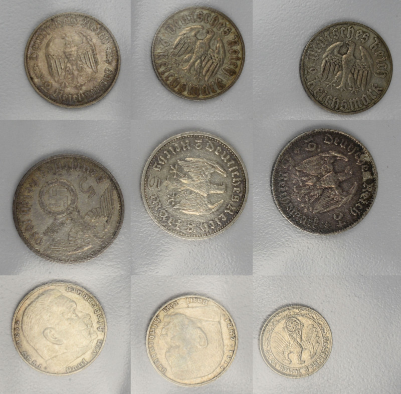 Drittes Reich: Lot 9 Münzen, dabei 50 Pf. 1939 J, 2 x Hindenburg 2er, 3 x 5er so...