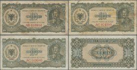 Albania: Albanian State Bank, set of 3 banknotes 10 Leke 1947 P. 19, with prefix 2x AC and 1x AB, all notes in aF condition. Nice set. (3 pcs)
 [diff...