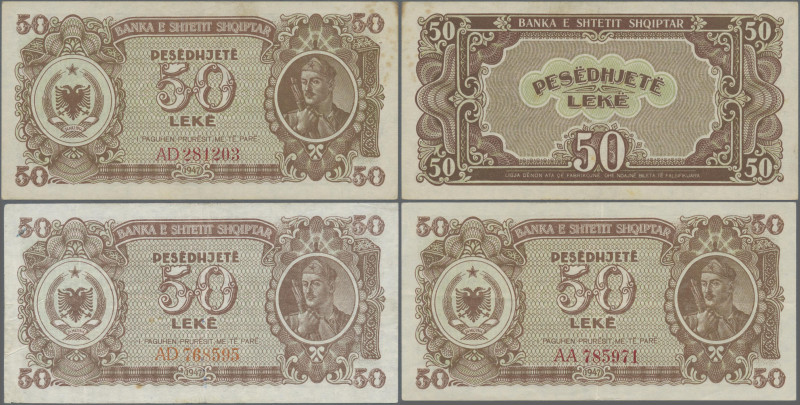 Albania: Albanian State Bank, set of 3 banknotes 50 Leke 1947, P. 20, 2x with pr...