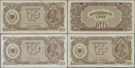 Albania: Albanian State Bank, set of 3 banknotes 50 Leke 1947, P. 20, 2x with prefix AD, 1x with prefix AA, the first two in VF+ with foxing and F, th...