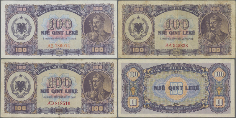 Albania: Albanian State Bank, set of 3 banknotes 100 Leke 1947 P. 22, with prefi...