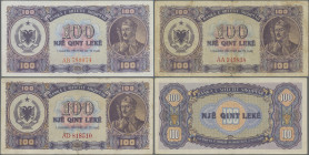 Albania: Albanian State Bank, set of 3 banknotes 100 Leke 1947 P. 22, with prefix AA (F-), AB (VF-) and AD (F). Nice set. (3 pcs)
 [differenzbesteuer...