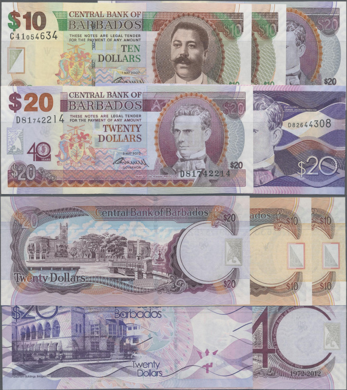 Barbados: Central Bank of Barbados, lot with 5 banknotes, 2007-2013 series, incl...
