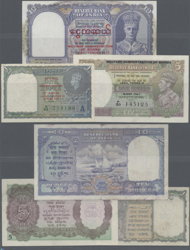 Burma: Government of India, set with 3 banknotes with overprint ”MILITARY ADMINI...