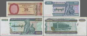 Burma: Central Bank of Myanmar, huge lot with 18 banknotes, 1990-2004 series, 50 Pyas – 1.000 Kyat and 1, 5 and 20 Dollars Foreign Exchange Certificat...