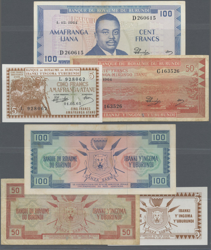 Burundi: Banque du Royaume du Burundi, set with 3 banknotes, series 1964-1965, w...