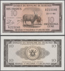 Burundi: Banque du Royaume du Burundi, 10 Francs 1964, P.9a, tiny dint upper right outside the frame of the banknote, Condition: aUNC/UNC. Rare!
 [di...