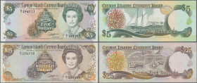 Cayman Islands: Cayman Islands Currency Board, series 1991, pair with 5 Dollars (P.12, UNC) and 25 Dollars (P.14, VF/VF+ with soft folds and tiny spot...