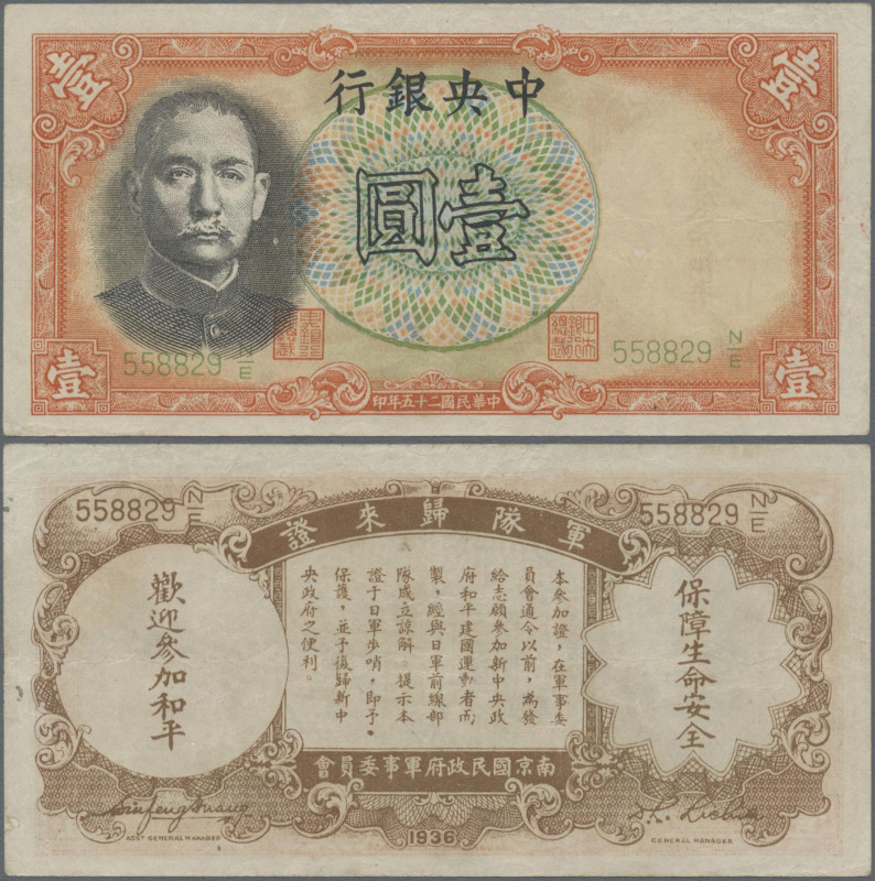 China: Central Bank of China – Pass for Nanking Military Government, 1 Yuan 1936...