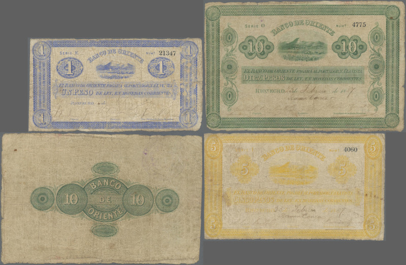 Colombia: Banco de Oriente, lot with 3 banknotes 1, 5 and 10 Pesos 1887, 1900, P...