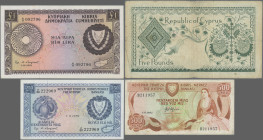 Cyprus: Republic and Central Bank of Cyprus, lot with 5 banknotes, 1961-1982 series, consisting 1 and 5 Pounds 1961 (P.39a, XF/XF+, P.40a, F), 2x 250 ...
