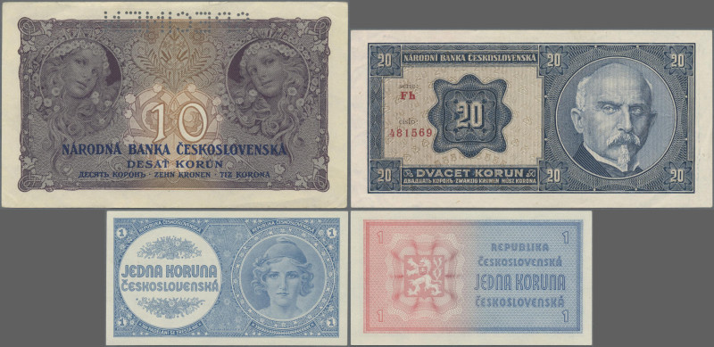 Czechoslovakia: Republika and Narodni Bank Ceskoslovenska, lot with 3 banknotes ...