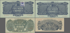 Czechoslovakia: Republika Československá, lot with 7 banknotes, 1944-1945 series, comprising 1 and 5 Korun 1944 (P.45a, 46a, UNC), 20 Korun 1944 (P.47...