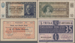 Czechoslovakia: Lot with 10 banknotes Czechoslovakia and Slovakia with 2x 10 Kronen 1939 (P.4, XF+/aUNC), 2x 100 Korun 1940 and 1940 (ND 1945) SPECIME...