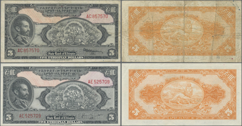 Ethiopia: State Bank of Ethiopia, pair with 5 Dollars ND(1945) (P.13a, F) and 5 ...