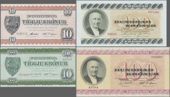 Faeroe Islands: Faeroe Islands Government, lot with 6 banknotes, series 1954-1990, including 2x 10 Kronur ND(1954) (P.15c,d, UNC), 100 Kronur 1975 (P....