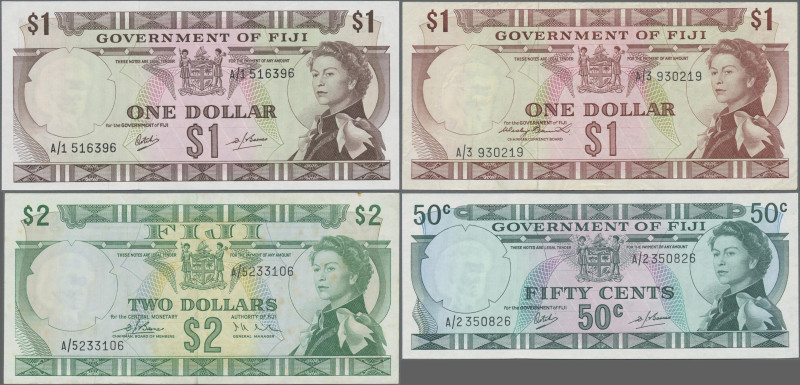 Fiji: Government of Fiji, lot with 7 banknotes, series 1968-1974, with 50 Cents,...