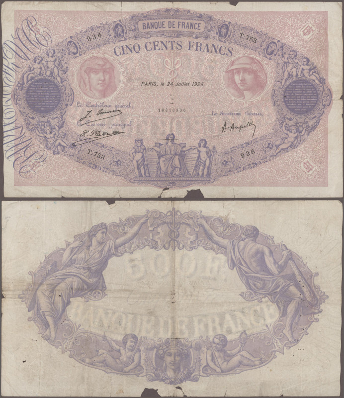 France: Banque de France, pair with 500 Francs 1924 (P.66j, F/F-, small missing ...