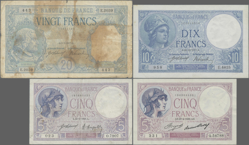 France: Banque de France, set with 6 banknotes, series 1917-1933, with 3x 5 Fran...