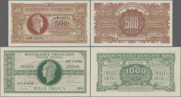 France: Trésor Central, series ND(1944), pair with 500 Francs (P.106, XF/XF+, pinholes) and 1.000 Francs (P.107, XF/XF+, pinholes). (2 pcs.)
 [differ...