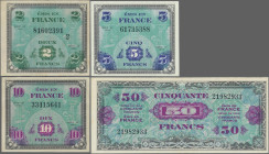 France: Allied Military Currency, series 1944, lot with 7 banknotes, with 2, 5, 10, 50 and 100 Francs first series (P.114b, 115a, 116a, 117a, 118a, F ...