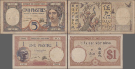 French Indochina: Banque de l'Indo-Chine, lot with 4 banknotes, series 1921-1937, with 1 Piastre (P.48a, XF), 5 Piastres (P.49a, F/F-, pinholes, small...