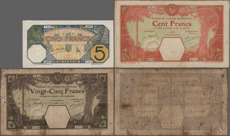 French West Africa: Banque de l'Afrique Occidentale, lot with 9 banknotes, 1919-...