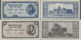 Hungary: Pair with 1 Million and 100 Million B.-Pengö 1946, P.134, 136 in UNC condition. (2 pcs.)
 [differenzbesteuert]