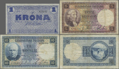 Iceland: Treasury of Iceland and Landsbanki Íslands, set with 3 banknotes, with 1 Krona 1941 (P.22j, VF+/XF), 5 Kronur L.1928 (P.27a, F/F-) and 10 Kro...
