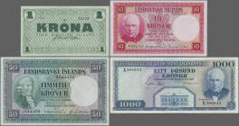 Iceland: Treasury and State Bank of Iceland, lot with 4 banknotes, series 1941, L.1928 and L.1957, comprising 1 Krona (P.22a, UNC), 10 Kronur (P.33a, ...