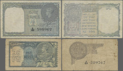 India: Government of India, pair with 1 Rupee 1935 without watermark (P.14b, F/F-, margin split) and 1 Rupee 1940 (P.25a, F). (2 pcs.)
 [differenzbes...