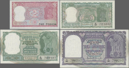 India: Reserve Bank of India, huge lot with 16 banknotes, series 1950-1990, comprising 3x 2 Rupees 1950/60/63 (P.28, 29b, 31, aUNC, UNC with staple ho...