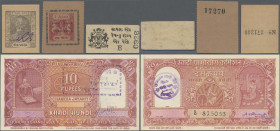 India: Principal States of India, lot with 10 small exchange notes and local banknotes 1942-1958, with 2 Annas and 3 Pies 1942 (P.S213, S221, UNC), 1 ...