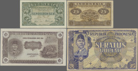 Indonesia: Republic Indonesia, lot with 5 banknotes, series 1947-1949, with 10 and 25 Sen (P.31, 32, XF, aUNC), 40 Rupiah (P.33, UNC), 400 Rupiah cont...