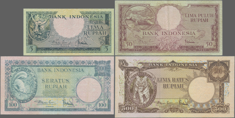 Indonesia: Bank Indonesia, lot with 6 banknotes ”Animal Series” 1957, with 5 Rup...