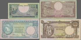 Indonesia: Bank Indonesia, lot with 6 banknotes ”Animal Series” 1957, with 5 Rupiah (P.49a, UNC), 50 Rupiah (P.50a, VF), 100 Rupiah (P.51a, VF+/XF), 5...