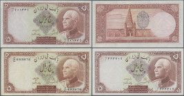 Iran: Bank Melli Iran, set with 3x 5 Rials SH1316, 1317 (1937, 1938), P.32a (F/F- margin split), P.32Aa (VF) and P.32Ae (aUNC/UNC). (3 pcs.)
 [differ...