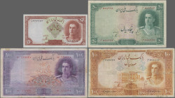 Iran: Bank Melli Iran, set with 5 banknotes, series ND(1944), with 5 Rials (P.39, UNC), 10 Rials (P.40, aUNC/UNC), 50 Rials (P.42, F/F+), 100 Rials (P...