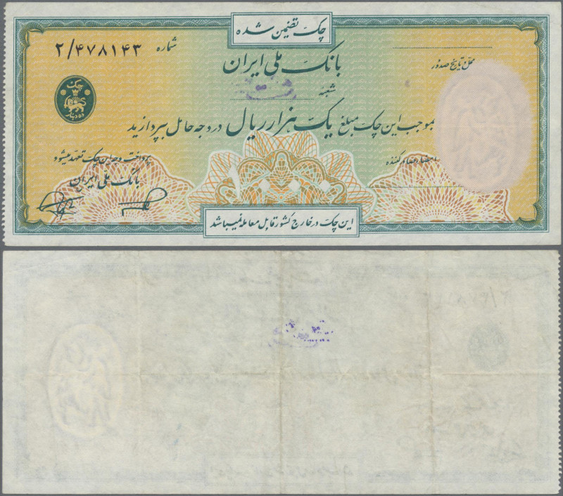 Iran: Bank Melli Iran – Emergency Circulating Check, 1.000 Rials SH1331(1952), P...