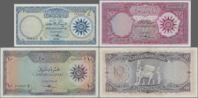 Iraq: Central Bank of Iraq, lot with 3 banknotes, 1, 5 and 10 Dinars 1959, P.53 (VF), P.54 (XF/XF+) and P.55 (XF+/aUNC). (3 pcs.)
 [differenzbesteuer...