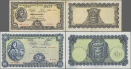 Ireland: Central Bank of Ireland, pair with 5 Pounds 1965 (P.65a, F/F+, rusty spots) and 10 Pounds 1976 (P.66d, VF). (2 pcs.)
 [differenzbesteuert]