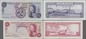Isle of Man: Isle of Man Government, series ND(1961), pair with 10 Shillings (P.24a, VF/VF+) and 1 Pound (P.25b, aUNC). (2 pcs.)
 [differenzbesteuert...