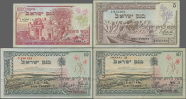 Israel: Bank of Israel, set with 4 banknotes, 1955 series, with 500 Pruta (P.24a, XF), 5 Lirot (P.26a, VF) and 2x 10 Lirot (P.27a,b, VF, XF). (4 pcs.)...