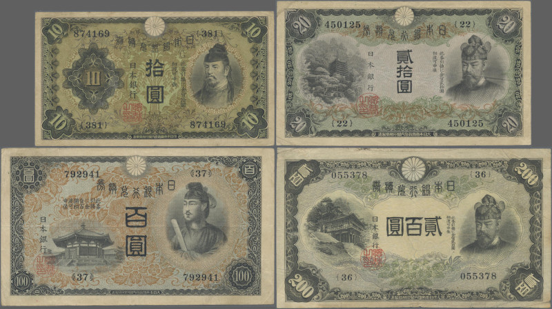 Japan: Bank of Japan, lot with 4 banknotes, series ND(1930-45), with 10 and 20 Y...