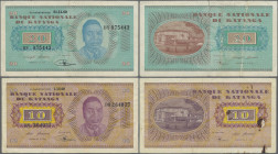 Katanga: Banque Nationale du Katanga, pair with 10 and 20 Francs 1960, P.5a (F/F-, stains on back) and P.6a (F). (2 pcs.)
 [differenzbesteuert]