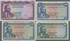 Kenya: Central Bank of Kenya, lot with 5 banknotes, series 1966/68, with 5, 10, 2x 20 and 100 Shillings (graffiti on back), P.1a, 2c, 3a,c, 5a in F to...